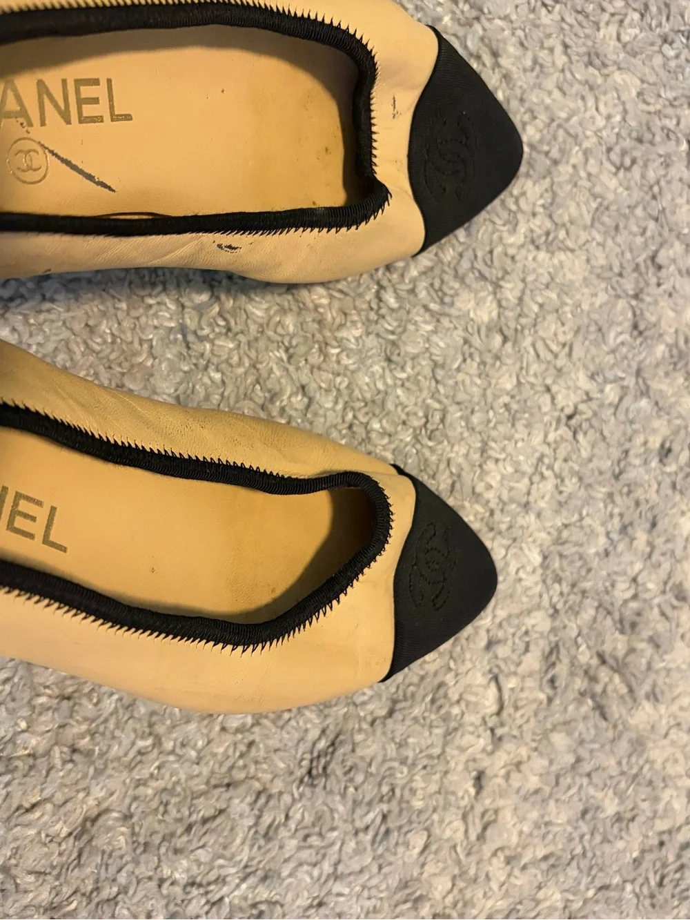 CHANEL Beige Black Leather Cap Toe Chain Heel Ballet Flats Shoes EU 37 C G33323⁠